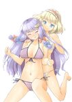  2girls alice_margatroid arnest bad_anatomy bad_leg bare_arms bare_legs bare_shoulders barefoot bikini blonde_hair blue_bow blue_eyes blush bow breasts closed_eyes closed_mouth collarbone commission crescent crescent_hair_ornament hair_bow hair_ornament hairband highres large_breasts lolita_hairband long_hair multiple_girls navel patchouli_knowledge purple_bikini purple_hair red_bow red_hairband short_hair sidelocks simple_background skeb_commission smile swimsuit touhou white_background white_bikini 