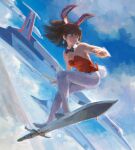  1girl aircraft airplane animal_ears black_bow black_eyes bow cloud daicon_bunny_girl daicon_iv detached_collar earrings fake_animal_ears fighter_jet floating_hair fmu grey_footwear jet jewelry long_hair military_vehicle open_hands pantyhose playboy_bunny rabbit_ears rabbit_tail sky sky_surfing smile solo sword tail weapon white_pantyhose 