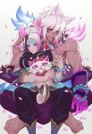  1girl 2boys animal aphelios bandaged_hand bandages barefoot black_pants cat closed_mouth facial_mark falling_petals highres horns imone_illust league_of_legends long_hair looking_at_another male_focus multicolored_hair multiple_boys muscular muscular_male official_alternate_costume open_mouth pants petals pink_hair purple_hair purple_pants sett_(league_of_legends) short_hair smile spirit_blossom_aphelios spirit_blossom_sett topless_male white_hair yaoi yuumi_(league_of_legends) 