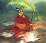  closed_eyes day dedenne holding holding_leaf leaf maumaujanken no_humans octillery open_mouth outdoors pokemon pokemon_(creature) puddle tongue water 