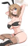 1girl ;o absurdres animal_ears armpits arms_behind_head arms_up bandeau black_bow black_bowtie black_panties blue_eyes bow bowtie breast_tattoo breasts brown_hair cleavage commentary_request detached_collar eunie_(xenoblade) fake_animal_ears fake_tail fishnet_thighhighs fishnets gonzarez head_wings high_heels highres large_breasts looking_at_viewer medium_hair midriff navel one_eye_closed open_mouth panties rabbit_ears rabbit_tail simple_background sitting skindentation solo stomach strapless tail tattoo thighhighs thighs underwear white_background wings xenoblade_chronicles_(series) xenoblade_chronicles_3 
