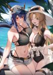  2girls ;d absurdres animal_ears arknights armpits asymmetrical_docking bare_arms bare_shoulders baseball_cap bead_necklace beads bikini black_bikini black_choker black_one-piece_swimsuit blonde_hair blue_hair blush breast_press breasts brown_hair ch&#039;en_(arknights) choker cleavage closed_mouth clothes_around_waist collarbone commentary dragon_girl dragon_horns dragon_tail ears_through_headwear fang female_tourist_c_(arknights) green_eyes grey_shorts hat highres horns horns_through_headwear jacket jacket_around_waist jewelry korean_commentary large_breasts large_hat long_hair looking_at_viewer midriff molyb multiple_girls navel necklace official_alternate_costume one-piece_swimsuit one_eye_closed open_fly open_mouth outdoors parted_bangs red_eyes revision short_shorts shorts sidelocks skin_fang skindentation slit_pupils smile stomach sun_hat swimsuit swire_(arknights) tail thigh_strap thighs white_headwear white_shorts 
