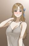  1girl absurdres blush bow braid breasts brown_hair cleavage collarbone french_braid gradient_background grey_camisole hair_bow highres large_breasts long_hair looking_at_viewer original parted_bangs simple_background smile sweatdrop tantanmen72 upper_body very_long_hair 