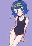  1girl absurdres bare_arms black_one-piece_swimsuit blue_eyes blue_hair blush bright_pupils closed_mouth collarbone covered_navel flying_sweatdrops hairband hand_on_own_hip head_tilt highres lana_(pokemon) looking_to_the_side nervous no_sclera one-piece_swimsuit pokemon pokemon_(game) pokemon_sm purple_background raised_eyebrows short_hair simple_background solo split_mouth swimsuit tankobukids yellow_hairband 