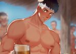  4boys abs alcohol bara barbell_piercing beer blush cup gyaran_do69 headband highres large_pectorals looking_at_another looking_at_viewer male_focus mug multiple_boys muscular muscular_male nipple_piercing nipples nude original pectorals piercing short_hair sideburns smile solo_focus thick_eyebrows white_headband yaoi 