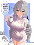  1boy 1girl alternate_costume arm_behind_back artist_name blush breasts bronya_rand caelus_(honkai:_star_rail) closed_eyes commentary crossed_bangs cup drill_hair earrings english_commentary english_text grey_eyes grey_hair hair_between_eyes highres holding holding_cup honkai:_star_rail honkai_(series) hot_chocolate jewelry kulo_jawa large_breasts lips long_hair looking_at_viewer mug one_eye_closed open_mouth pink_lips ribbed_sweater shirt short_hair smile speech_bubble sweater thighs trailblazer_(honkai:_star_rail) turtleneck turtleneck_sweater very_long_hair white_sweater 