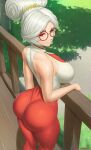  1girl ass bare_shoulders blush breasts glasses hair_ornament hair_stick highres huge_ass looking_at_viewer pants purah red-framed_eyewear red_eyes round_eyewear short_hair sleeveless sleeveless_turtleneck smile solo superbusty the_legend_of_zelda the_legend_of_zelda:_breath_of_the_wild thick_thighs thighs turtleneck white_hair 