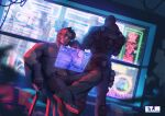 2boys armor artist_name back belt cassidy_(overwatch) chest_armor crossed_legs et.m gloves holographic_touchscreen indoors large_pectorals male_focus multiple_boys muscular muscular_male overwatch overwatch_1 pectorals reaper_(overwatch) shirt short_hair sideburns sitting window 