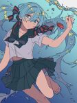  absurdres arm_up black_bow black_neckerchief black_sailor_collar black_skirt blue_eyes blue_hair blue_nails bottle_miku bow clothes_lift commentary english_commentary fish foot_out_of_frame goldfish hair_bow hatsune_miku head_tilt highres leg_up liquid_hair long_hair midriff_peek nail_polish neckerchief niyororinpayamaru pleated_skirt red_bow sailor_collar shirt shirt_lift sidelocks skirt striped striped_bow underwater vocaloid white_shirt 