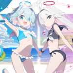  2girls :d alternate_costume arm_up armpits arona_(blue_archive) ass bare_arms bare_shoulders beach bikini black_bikini black_eyes black_sailor_collar black_scrunchie blue_archive blue_bikini blue_eyes blue_hair blue_halo blue_pupils blue_sky blunt_bangs blush bow bow_bikini bow_hairband braid breasts closed_mouth cloud colored_inner_hair commentary_request cowboy_shot day frilled_bikini frills gotyou hair_ornament hair_over_one_eye hair_ribbon hairband halo holding_hands light_blue_hair long_hair looking_at_viewer mismatched_pupils multicolored_hair multiple_girls navel neckerchief ocean open_mouth outdoors pink_hair plana_(blue_archive) red_halo red_pupils ribbon sailor_bikini sailor_collar scrunchie short_hair side-tie_bikini_bottom side_braid single_braid sky small_breasts smile standing striped striped_bikini swimsuit white_bow white_hair white_hairband white_neckerchief white_ribbon white_sailor_collar wrist_scrunchie 