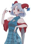  1girl absurdres bare_shoulders candy curled_horns detached_sleeves dress earrings food highres horn_ornament horn_ribbon horns jewelry lollipop open_mouth panilla patterned_clothing pointy_ears red_eyes ribbon sharp_teeth sheep_horns teeth tongue tongue_out touhou toutetsu_yuuma 