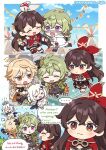  &gt;_&lt; ... 1boy 3girls =3 ? aether_(genshin_impact) amber_(genshin_impact) anger_vein blonde_hair blush brown_hair chibi closed_eyes closed_mouth cloud collei_(genshin_impact) dandelion_seed english_text genshin_impact goggles goggles_around_neck green_hair hair_ornament halo holding long_hair multiple_girls multiple_views open_mouth orange_eyes paimon_(genshin_impact) shorts sky spoken_ellipsis stairs sumipic sweat vision_(genshin_impact) windmill 