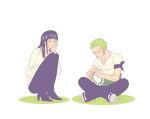  1boy 1girl bandana bandana_around_arm black_hair blunt_bangs closed_eyes closed_mouth crossed_arms earrings full_body green_hair hand_on_own_cheek hand_on_own_face jewelry long_hair nico_robin one_piece roronoa_zoro short_hair simple_background single_earring sitting smile squatting zlsnj 