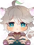  1boy 1other :p ahoge alhaitham_(genshin_impact) animal_ear_fluff animal_ears animal_hands animalization artist_name asymmetrical_sidelocks black_shirt blue_eyes blue_pants blush cat_ears cat_paws cat_tail chest_jewel chibi colored_inner_hair fingernails gem genshin_impact green_gemstone green_hair grey_hair hair_between_eyes highres holding jewelry lifting_person looking_at_viewer medium_bangs multicolored_hair out_of_frame pants parted_bangs paw_print ring shirt short_hair sidelocks solo_focus streaked_hair symbol-shaped_pupils tail tongue tongue_out two-tone_hair white_background yellow_trim yuuzatta 
