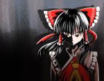  ascot black_hair bow closed_mouth dr._addamelech frilled_bow frilled_hair_tubes frills hair_between_eyes hair_bow hair_tubes hakurei_reimu looking_at_viewer meme parody red_bow red_shirt serious shirt touhou upper_body yellow_ascot yellow_eyes 