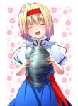  1girl alice_margatroid animal blonde_hair blurry blurry_background capelet closed_eyes facing_viewer floral_background hairband holding holding_animal isopod medium_hair open_mouth red_hairband ryosios solo touhou white_capelet 