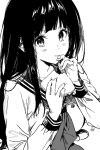  1girl blush chitanda_eru eating food greyscale hands_up highres holding holding_food hyouka long_hair looking_at_viewer mery_(yangmalgage) monochrome neckerchief sailor_collar school_uniform shirt simple_background solo upper_body 