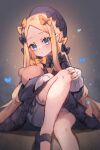  1girl abigail_williams_(fate) black_bow black_dress black_headwear blonde_hair bloomers blue_eyes blush bow breasts bug butterfly dress fate/grand_order fate_(series) forehead hair_bow hat highres knee_up long_hair long_sleeves looking_at_viewer miya_(miyaruta) orange_bow parted_bangs ribbed_dress sitting small_breasts solo stuffed_animal stuffed_toy teddy_bear white_bloomers 
