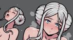  1girl akairiot blush breasts cleavage double_bun edelgard_von_hresvelg female_orgasm fire_emblem fire_emblem:_three_houses hair_bun head_back implied_sex long_hair looking_at_viewer nude open_mouth orgasm out-of-frame_censoring parted_bangs parted_lips purple_eyes simple_background solo steam sweat white_hair 