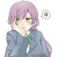  1girl blazer blue_jacket blush bow bowtie breasts collared_shirt commentary_request dress_shirt green_bow green_bowtie green_eyes hair_between_eyes hair_ornament hair_scrunchie head_rest highres jacket kashikaze long_hair long_sleeves love_live! love_live!_school_idol_project low_twintails medium_breasts otonokizaka_school_uniform pout purple_hair purple_scrunchie school_uniform scrunchie shirt simple_background solo spoken_squiggle squiggle striped striped_bow striped_bowtie tearing_up toujou_nozomi twintails upper_body white_background white_shirt 