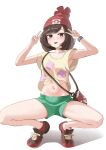  1girl absurdres bare_legs beanie blush brown_eyes brown_hair commentary double_v eyelashes floral_print green_shorts hands_up hat highres looking_at_viewer lovehaejo medium_hair navel pokemon pokemon_(game) pokemon_sm red_headwear selene_(pokemon) shirt shoes short_shorts short_sleeves shorts solo spread_legs squatting t-shirt tied_shirt tongue tongue_out v white_background 