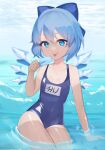  1girl :p bare_shoulders blue_bow blue_eyes blue_hair bow caustics cirno contrapposto covered_navel flat_chest food hair_bow highres ice ice_wings in_water looking_at_viewer majime_joe ocean one-piece_swimsuit partially_submerged pool popsicle short_hair solo swimsuit tan tanlines tongue tongue_out touhou wading water wings 