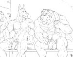  anthro badcoyote balls casual_nudity duo flaccid foreskin genitals locker_bench locker_room male male/male mammal muscular muscular_anthro muscular_male nude partially_retracted_foreskin penis sitting towel towel_around_neck 