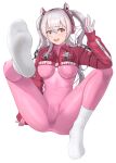  1girl absurdres alice_(nikke) bodysuit breasts feet foot_focus full_body ghhoward gloves goddess_of_victory:_nikke grey_hair hand_up highres legs long_sleeves looking_at_viewer no_shoes open_mouth pink_bodysuit red_bodysuit simple_background sitting socks soles solo teeth toes two-tone_bodysuit upper_teeth_only white_background white_socks 