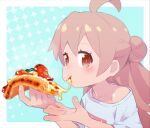  1girl ahoge bare_arms blue_background brown_eyes cheese_trail commentary eating food hair_between_eyes half_updo highres light_brown_hair long_hair onii-chan_wa_oshimai! oyama_mahiro picogames_off pizza pizza_slice shirt short_sleeves simple_background solo t-shirt upper_body white_shirt 