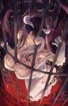  1girl ahoge albedo_(overlord) artist_name bare_shoulders black_feathers black_hair black_wings breasts cage cleavage demon_girl demon_horns demon_wings detached_collar dress eyelashes feathers gainoob gloves high_heels highres hip_vent horns in_cage large_breasts long_bangs long_hair looking_at_viewer low_wings overlord_(maruyama) slit_pupils smile snake solo spider_web_print white_dress white_gloves white_horns wings yellow_eyes 