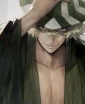  1boy bleach blonde_hair boony2789 facial_hair grey_eyes hair_between_eyes hand_up hat highres looking_at_viewer male_focus medium_hair pectorals smile striped striped_headwear stubble upper_body urahara_kisuke white_background wide_sleeves 