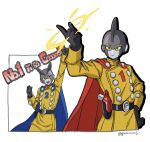  2boys :d arm_up artist_name belt black_belt black_eyes black_gloves blue_cape buttons cape clenched_hands closed_mouth colored_sclera colored_skin colored_tongue commentary_request double-breasted dragon_ball dragon_ball_super dragon_ball_super_super_hero energy energy_gun expressionless gamma_1 gamma_2 gloves grey_skin hand_on_own_hip hand_up highres holster holstered jacket long_sleeves male_focus mine1225 multiple_boys open_mouth purple_tongue ray_gun red_cape simple_background smile teeth twitter_username upper_teeth_only weapon white_background yellow_jacket yellow_sclera 