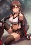  1girl bare_shoulders breasts brown_hair cleavage closed_mouth collarbone crop_top final_fantasy final_fantasy_vii final_fantasy_vii_remake fingerless_gloves gloves highres large_breasts linea_alba long_hair looking_at_viewer low-tied_long_hair midriff navel night night_sky omoti_(1201208) orange_eyes short_shorts shorts sitting sky smile solo star_(sky) suspender_shorts suspenders thighhighs tifa_lockhart very_long_hair 