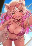  1girl absurdres animal_ear_fluff animal_ears bikini blue_sky blush breasts cleavage colored_inner_hair commentary_request dark-skinned_female dark_skin day drill_hair eyewear_on_head fangs fate/grand_order fate_(series) gyaru hand_up highres itsuki_isshiki jewelry large_breasts leaning_forward light_brown_hair looking_at_viewer multicolored_hair necklace outdoors pink_bikini pink_hair pink_nails print_bikini sky smile solo standing suzuka_gozen_(fate) sweat swimsuit tail tongue twin_drills yellow_eyes 