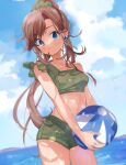 1girl ball bangs beachball blue_eyes blurry blush breasts brown_hair closed_mouth cloud collarbone commentary_request day earrings eyelashes green_(pokemon) green_ribbon green_shirt green_shorts hair_ribbon holding holding_ball jewelry long_hair looking_at_viewer marutoko45 outdoors pokemon pokemon_adventures ribbon shirt shorts sky sleeveless sleeveless_shirt smile solo sparkle standing 