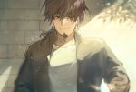  1boy black_jacket blue_ribbon brick_wall brown_eyes brown_hair closed_mouth collarbone facial_hair fate/grand_order fate_(series) goatee hair_ribbon hector_(fate) jacket long_sleeves male_focus mature_male open_clothes open_jacket outdoors ponytail ribbon shirt solo sparse_stubble sunlight tumikilondon5 white_shirt 