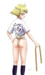  1girl absurdres ass blonde_hair blush brown_eyes closed_mouth erwin_(girls_und_panzer) fundoshi girls_und_panzer hand_on_own_hip highres hiyama_yuu_(wee259hiyama) holding holding_rope japanese_clothes looking_at_viewer rope shiny_skin short_hair simple_background solo standing white_background yamakasa 