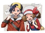  !? &gt;_&lt; 1boy 1girl 7h_(0831_re) backwards_hat bag black_hair blush bow brown_hair closed_eyes commentary_request ethan_(pokemon) full-face_blush hand_up hands_up hat hat_bow index_finger_raised jacket long_hair lyra_(pokemon) open_mouth overalls pokemon pokemon_(game) pokemon_hgss red_bow red_jacket red_shirt shirt short_hair sweatdrop tongue twintails white_headwear yellow_bag zipper_pull_tab 