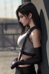  1girl against_wall black_hair breasts crop_top earrings elbow_gloves final_fantasy final_fantasy_vii final_fantasy_vii_remake from_side gloves highres jewelry large_breasts long_hair low-tied_long_hair midriff miura-n315 skirt solo suspender_skirt suspenders tank_top tifa_lockhart white_tank_top 