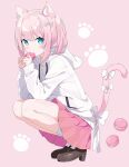  1girl animal_ear_fluff animal_ears blue_eyes blush bow brown_footwear cat_ears cat_girl cat_tail commentary drawstring food full_body hair_between_eyes hair_bow hands_up highres holding holding_food hood hood_down hoodie knees_up loafers long_sleeves macaron original pink_background pink_hair pink_skirt pleated_skirt puffy_long_sleeves puffy_sleeves shoes simple_background skirt sleeves_past_wrists socks solo squatting symbol-only_commentary tail tail_bow tail_ornament tantan_men_(dragon) twintails white_bow white_hoodie white_socks 