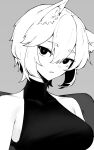  1641_(chfhrtor94) 1girl animal_ear_fluff animal_ears bare_shoulders breasts greyscale hair_between_eyes highres inubashiri_momiji large_breasts looking_at_viewer monochrome parted_lips short_hair simple_background solo touhou upper_body wolf_ears wolf_girl 