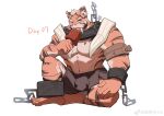  1boy absurdres animal_ears ankle_cuffs bara eating food full_body furry furry_male highres jitome large_pectorals long_fangs male_focus meat muscular muscular_male navel notched_ear orange_fur original pectorals scar scar_across_eye short_hair shorts side_slit solo stomach strongman_waist thick_eyebrows tiger_boy tiger_ears white_fur xian_goutou_hz 