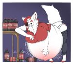 anthro belly belly_overhang beverage big_belly big_breasts blush breasts butt canid canine canis close_to_bursting clothed clothing expansion female fur furr3ak hair holding_belly mammal simple_background soda soda_bottle solo text torn_clothing underwear wide_hips wolf 