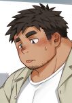  1boy bara blush cropped ear_blush from_side kuro_nezumi_inu large_pectorals layered_shirt male_focus original paid_reward_available pectorals sanpaku short_hair shy sideburns sideburns_stubble solo sweatdrop thick_eyebrows tongue tongue_out upper_body 