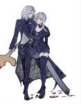  1boy 1girl absurdres blush breasts cleavage euterpeus flower grey_hair hair_flower hair_ornament high_heels highres jacket jagged_sword kaine_(nier) light_blush looking_at_another nier nier_(series) nier_(young) nier_reincarnation official_alternate_costume sword thighhighs walking weapon 