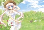  1girl animal arm_behind_head arm_up artist_name bare_shoulders bird blue_sky blush bracelet breasts brown_headwear buttons closed_mouth clothes_lift cloud day dress dress_lift duck flower goose grass hair_ribbon hat jewelry large_breasts lifted_by_self long_hair looking_at_viewer mabinogi nao_(mabinogi) official_alternate_costume outdoors red_flower ribbon shararan sidelocks sky smile solo straw_hat sunflower tree twintails very_long_hair white_dress yellow_flower yellow_ribbon 