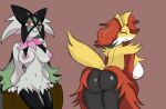  absurd_res animal_humanoid anthro big_breasts breasts butt canid canid_humanoid canine canine_humanoid delphox duo elchepontos felid feline female female/female fox_humanoid fur generation_6_pokemon generation_9_pokemon green_body green_fur hi_res humanoid mammal mammal_humanoid meowscarada nintendo nipples pokemon pokemon_(species) presenting presenting_hindquarters side_boob simple_background smile solo 