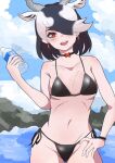  1girl animal_ears antelope_ears antelope_horns bikini black_bikini black_hair blackbuck_(kemono_friends) bottle bracelet breasts choker earrings extra_ears fukinotsu_1121 hair_over_one_eye highres horns jewelry kemono_friends kemono_friends_3 looking_at_viewer marine_day medium_breasts multicolored_hair ocean open_mouth red_eyes short_hair side-tie_bikini_bottom smile solo swimsuit two-tone_hair water_bottle white_hair 