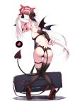  1girl alternate_costume ass asymmetrical_legwear back bag bare_shoulders bikini black_bikini black_footwear blue_archive blush breasts commentary demon_girl demon_horns demon_tail demon_wings fang from_behind full_body gloves halloween heart high_heels highres holding holding_bag horns long_hair looking_at_viewer looking_back mutsuki_(blue_archive) nail_polish open_mouth pink_eyes pointy_ears red_nails simple_background small_breasts smile solo spoken_heart standing swimsuit tail thigh_strap thighhighs very_long_hair white_background white_hair wings yaosera 