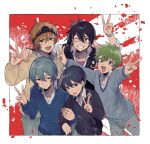  5boys akiyama_hayato black_hair black_headband blue_hair brown_hair closed_mouth collared_shirt double_v fuyumi_jun glasses green_eyes green_hair grin hair_between_eyes headband high_x_joker_(idolmaster) highres idolmaster idolmaster_side-m iseya_shiki long_sleeves looking_at_viewer male_focus multiple_boys one_eye_closed open_mouth oshi_taberu pants pink-framed_eyewear sakaki_natsuki shirt simple_background smile sweater v wakazato_haruna white_shirt 